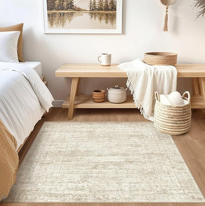 UERMEI Square Area Rugs : Washable 5x5 Neutral Modern Abstract Carpet for Living Room Bedroom - Soft Floor Mat with Non Slip Backing for Kitchen Nursery Dorms Farmhouse Home Decor - Beige/Brown