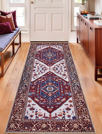 SERISSA Boho Washable Runner Rug, 2x5 Rug Runner Non-Slip Vintage Burgundy Navy Hallway Kitchen Runner Rug Ultra Soft Print Distressed Floor Carpet Runner for Bedroom Bathroom Laundry Living Room