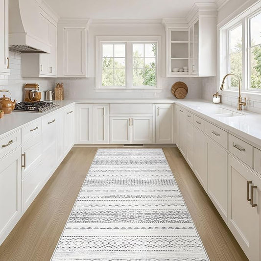 Nakagishi Runner Rug Kitchen Washable Rugs: 3x8 Non-Slip Boho Soft Modern Stain Resistant Indoor Floor Neutral Farmhouse Throw Carpet for Hallway Bathroom Laundry Room Entryway Bedroom- Grey