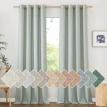 NICETOWN Flax Linen Sage Green 108 inch Curtains, Grommet Thick Linen Blend Textured Privacy Added with Light Filtering Window Treatment for Bedroom/Living Room, W55 x L108, 2 Panels