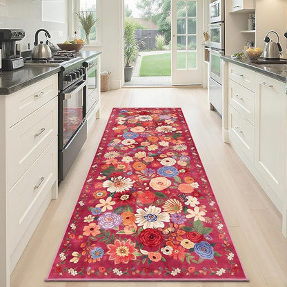 Rug for Hallways Kitchen Rug 2x6, Non Slip Washable Rugs with Rubber Backing Soft Floral Carpet Runner for Hallways, Kitchen, Laundry, Bedroom, Bathroom (2 x 6, Red Garden)