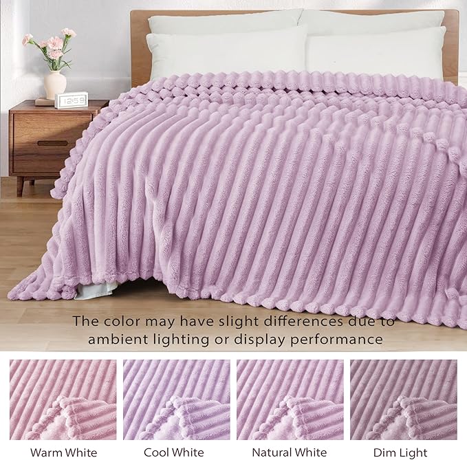 Exclusivo Mezcla King Size Flannel Fleece Blanket, Super Soft Striped Jacquard Bed Blanket, Lightweight Fuzzy Cozy for All Seasons, 90x104 Inches, Lilac Purple