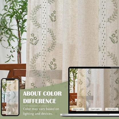 jinchan Belrose Linen Curtains for Bedroom Floral Curtains 63 Inch Length Linen Blend Sage Green Embroidered Drapes Farmhouse Flower Patterned Drapes for Living Room Window Treatments Set 2 Panels