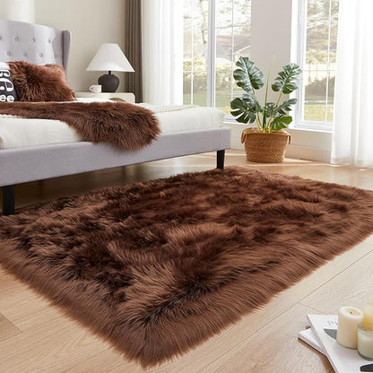 EasyJoy Ultra Soft Fluffy Shaggy Area Rug Faux Fur Rug Chair Cover Seat Pad Fuzzy Area Rug for Bedroom Floor Sofa Living Room (4 x 6 ft Rectangle, Coffee)