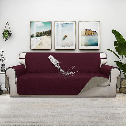 ISSUNTEX Double Protection 100% Waterproof Sofa Covers for Living Room, Couch Covers for 3 Cushion Couch Sofa, Reversible Furniture Protector Sofa Cover for Dogs, Pets, Kids (Sofa, Wine/Beige)
