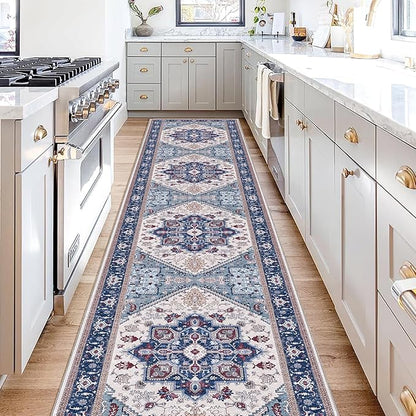 OPPODREAM Soft Entryway Rug 2x10, 2x10 Rug Runner, Washable Hallways Carpet 2 x 10 with Non Slip Backing, Low-Pile Bedside Carpet 2 x 10, Long, Faux Cashmere, Navy Blue & Red & Cream