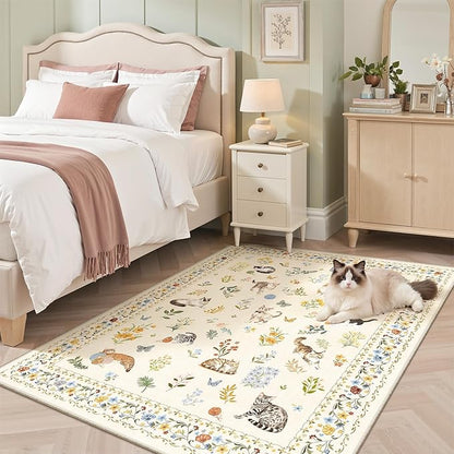 Cat 4x6 Area Rugs, Machine Washable Animal Floral Accent Rug Non-Slip Low Pile Soft Throw Rugs for Entryway Kitchen Bedside Living Room Bedroom Nursery Playroom (4 x 6,Beige)