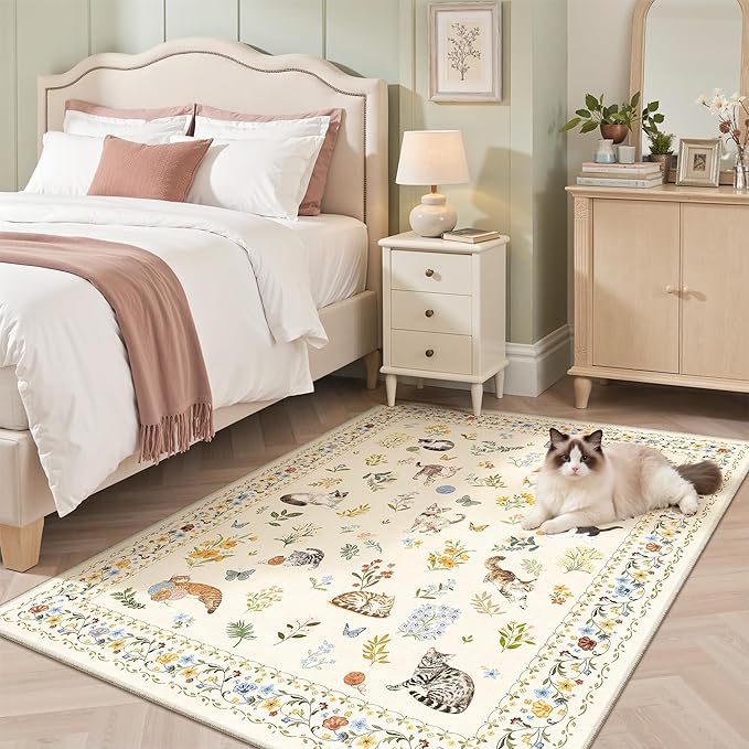 Cat 3x5 Area Rugs for Entryway, Machine Washable Animal Floral Accent Rug Non-Slip Low Pile Soft Throw Rugs for Kitchen Bedside Living Room Bedroom Kids Room (3 x 5,Beige)