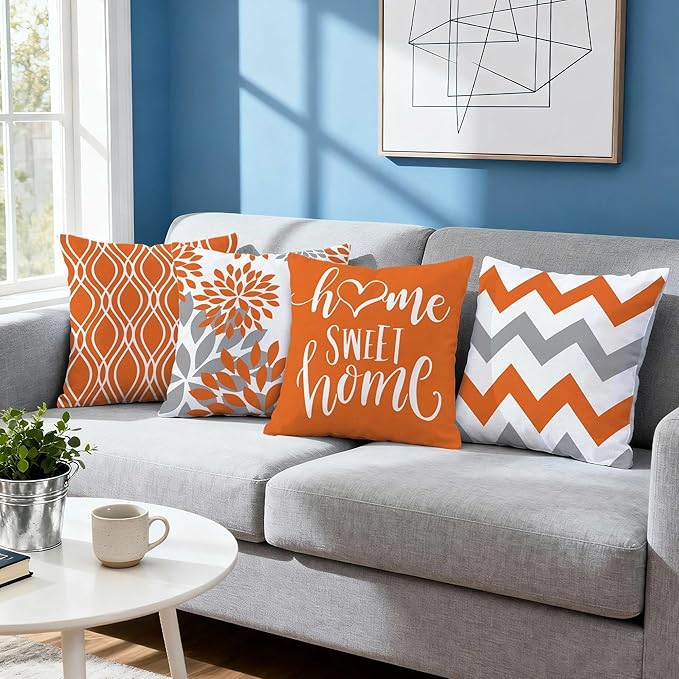 Hexagram Geometric Orange Pillow Covers 20x20 Set of 4, Decorative Outdoor Boho Modern Throw Pillow Covers, Home Sweet Home Farmhouse Cushion Case for Couch Sofa Bedroom Indoor Decor(No Insert)