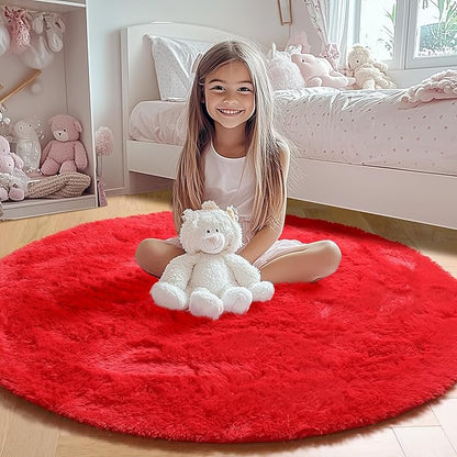 ONASAR Red Round Rugs 5ft for Bedroom Living Room, Fluffy Circle Area Rug for Kids Girls Boys Teen, Soft Plush Shaggy Carpet for Nursery Dorm Classroom Playroom Home Decor Aesthetic