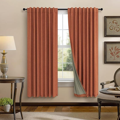 Pitalk Terracotta Blackout Curtains for Nursery 63 Inch Length 2 Panel Autumn Fall Decoration Linen Boho Western Curtain for Bedroom Window Room Darkening Rust Curtains for Living Room Dining MCM