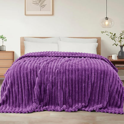 Exclusivo Mezcla Twin Size Flannel Fleece Blanket, Super Soft Striped Jacquard Bed Blanket, Lightweight Fuzzy Cozy for All Seasons, 60x80 Inches, Purple