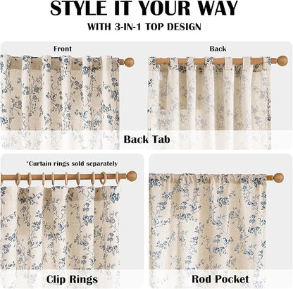 Lazzzy Blue Floral Linen Curtains 96 Inch Farmhouse Back Tab Drapes for Living Room Bedroom Light Filtering Vintage Grandmillennial Rod Pocket Curtains, 2 Panels, W38 x L96, Blue on Beige