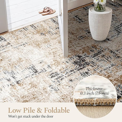 Rugflix 8x10 Washable Area Rugs, Neutral Boho Carpet Living Room Rug Non Slip Stain Resistant, Large Area Rug for Indoor Bedroom Dining Room Office, Brown