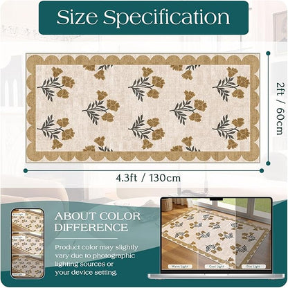 Front Door Mat Indoor Entrance - 2x4.3 Ft Floral Washable Layered Doormat Outdoor Entrance Spring Porch Rug Non-Slip Beige Boho Runner Rug for Kitchen Hallway Bedroom Laundry Room Porch Decor