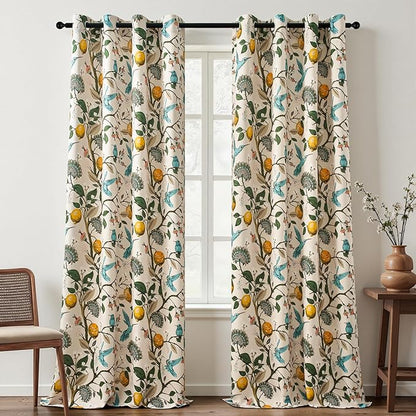 Topfinel Floral Curtains 96 Inches Long 2 Panels Unique Beige Luxury Elegant Colorful Euro Flower Hummingbird Patterned Rustic Vintage Grommet Drapes for Classroom Room Office Closet 52x96