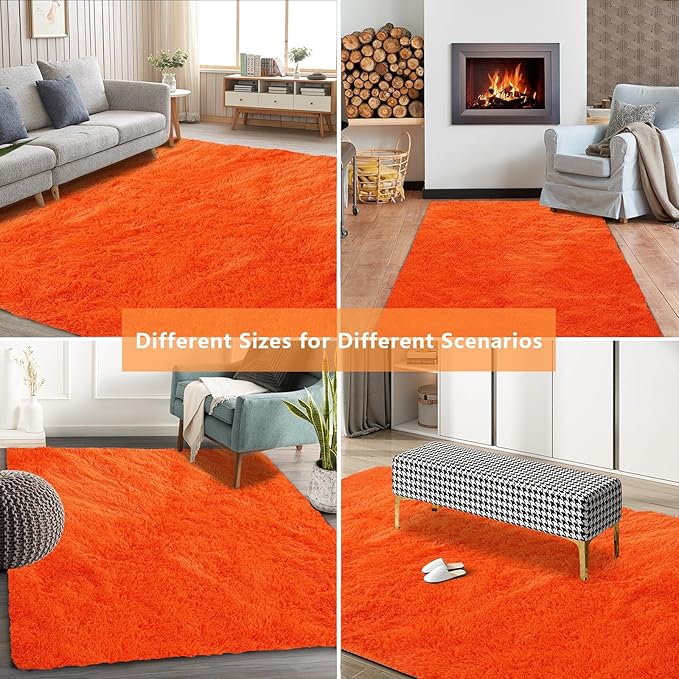 Shag Area Rugs for Bedroom Living Room,Orange 4X6 Ultra Soft Fluffy Area Rugs for Dorm, Indoor Carpet Nursery Rugs for Kids Room Home Halloween Decor
