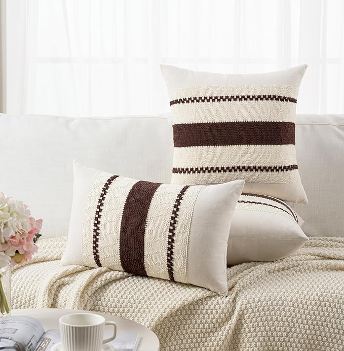 Fancy Homi Set of 1 Boho Brown Big Decorative Throw Pillow Cover 24x24 Inch for Couch Bed Bedroom, Aesthetic Modern Organic Farmhouse Room Decor, Soft Cotton Accent Macrame Woven Cushion Case