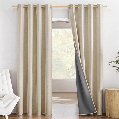 NICETOWN Farmhouse Style 100% Blackout Cream Linen Curtains 90 inches Length, 2 Panels, 52" W, Room Cooling Window Draperies with Thermal Insulated Liners for Dining Room