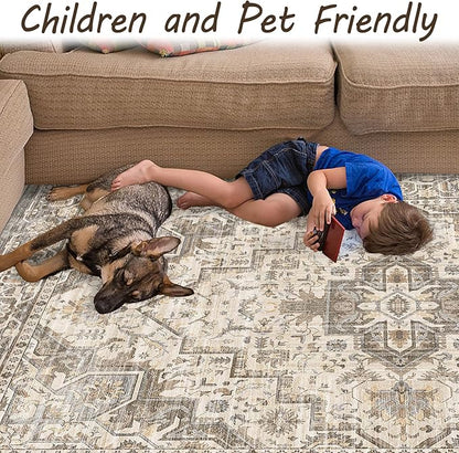 Area Rug Machine Washable Rug 10'x13' - Vintage Design Large Area Rugs with Non Slip Rugs for Living Room Bedroom,Stain Resistant, Home Decor Office Area Rug (Beige Brown 10'x13')