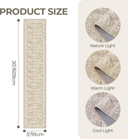 3x20 Washable Runner Rug for Hallway, Non-Slip Long Hallway Runner for Entryway, Soft Vintage Kitchen Mats for Floor, Abstract Dining Room, Bedroom, Living Room Rugs(3'x20', Brown/Ivory)