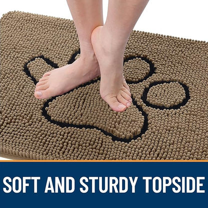 OLANLY Dog Door Mat for Muddy Paws 70x24, Paw Print Design, Absorbs Moisture and Dirt, Absorbent Non-Slip Washable Doormat, Quick Dry Chenille Mud Mat for Dogs, Entry Indoor Entryway Carpet, Tan