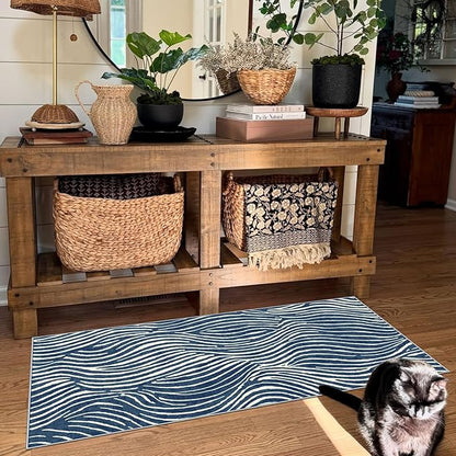 Front Door Mat Indoor Entrance - 2x4.3 Ft Modern Washable Layered Doormat Outdoor Entrance Porch Rug Non-Slip Abstract Blue White Waves Runner Rug for Kitchen Bedroom Laundry Room Porch Decor