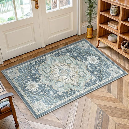 AMADA HOMEFURNISHING 2x3 Washable Area Rug, Low-Profile Entryway Rug with Non-Slip Backing & Durable Edge Binding, Vintage Rug Pattern, Small Rugs for Entryway, Kitchen & Living Room