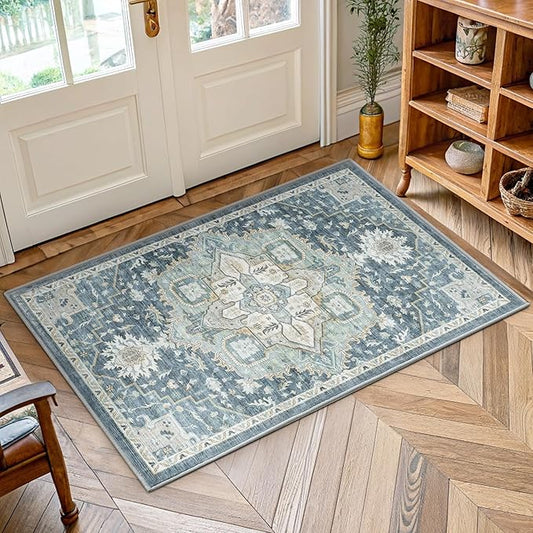 AMADA HOMEFURNISHING 2x3 Washable Area Rug, Low-Profile Entryway Rug with Non-Slip Backing & Durable Edge Binding, Vintage Rug Pattern, Small Rugs for Entryway, Kitchen & Living Room