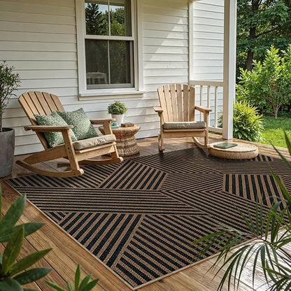 Lahome Enfys Modern Geometric Outdoor Easy Jute Rug, 5x7 Patio Living Room Rug Large Black Carpet for Bedroom, Farmhouse Washable Indoor Outdoor Carpet for Dining Room Backyard Deck