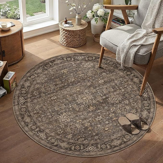 3x3 Washable Round Rug for Entryway Vintage Brown Non Slip Low Pile Carpet Traditional Retro Soft Cirlce Rug for Entrance Bathroom Door Mat Indoor Dorm Dining Room