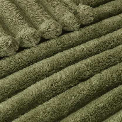 Exclusivo Mezcla Queen Size Flannel Fleece Blanket, Super Soft Striped Jacquard Bed Blanket, Lightweight Fuzzy Cozy for All Seasons, 90x90 Inches, Olive Green