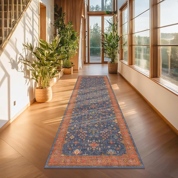 Washable 8 ft Long Runner for Kitchen Floor - Navy Blue Hallway Runner Rug, Pet Friendly Waterproof Non Slip with Rubber Backing, Stain Resistant Laundry Room Rug (2'6"x8' Navy Blue & Terracotta)