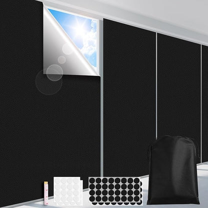 FADOTY 100% Blackout Curtains, Portable Black Out Window Cover Film, Cuttable Blackout Shades Fabric Sheet, No Drill Window Blinds, Sun Heat Light Blocker for Travel Media Dorm Bedroom, 57''W - 2Pack