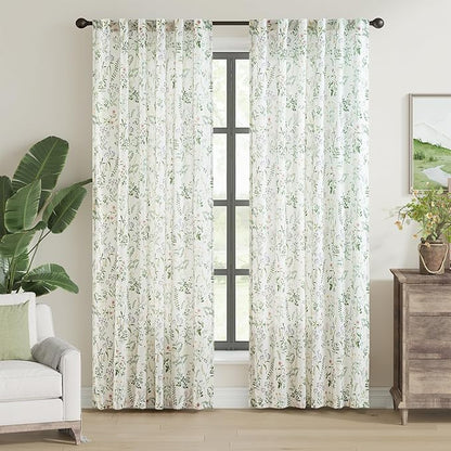 jinchan Floral Linen Blend Curtains for Living Room 84 Inch Length French Country Farmhouse Printed Curtains Sage Green on White Rod Pocket Back Tab Light Filtering Window Drapes 2 Panels