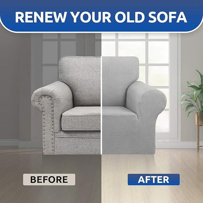 KEKUOU Stretch Single Sofa Slipcover 1 Piece Couch Sofa Cover (31"-55") Furniture Protector 1 Seater Sofa with Elastic Bottom for Kids,Pet.Jacquard Small Checked Pattern Fabric(Small,Silver)