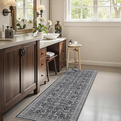 Washable 2x8 Runner Rug - Non Slip Vintage Kitchen Runner Rugs Low-Pile Distressed Long Rugs for Hallway Waterproof Indoor Carpet for Living Room Bedroom Entryway 2x8 Black