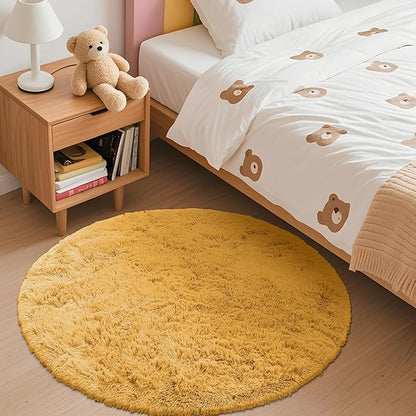 OLANLY Mustard Yellow Round Rugs for Bedroom - Machine Washable, 3 ft Circle Area Rugs for Living Room, Soft and Fluffy Shaggy Carpet for Teen Girl and Boys, Nursery Rooms, Dorms, Home Decor Aesthetic