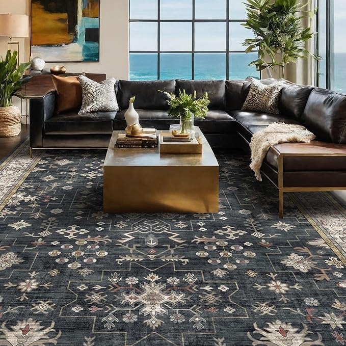 Hazo Haus Boho Dining Room Rugs for Under Table - 7x9 Washable Black Area Rug for Living Room, Low Pile Non-Slip Rugs for Bedroom Under Bed - Charming Farmhouse Decor & Stain Resistance - Black/Multi