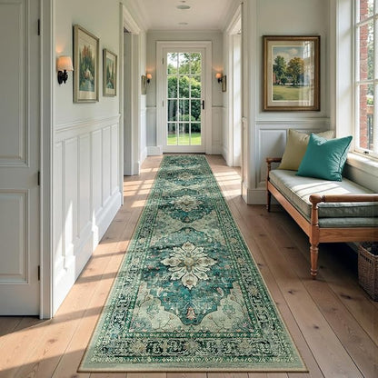 RELEANY Area Rugs 3'x12' Runner Rug Non Slip Washable for Kitchen Hallway Bedroom Beside Laundry Room Bathroom Rug, Floor Carpet, Dark Blue Vintage
