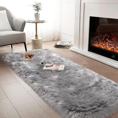 Grey Fluffy Rug for Bedroom, 2'X6' Faux Fur Rug for Runner, Gray Soft Shag Rug for Sofa Couch Cushion, Cozy Shaggy Fuzzy Plush Floor Carpet for Nursery, Cute Bedside Dorm Home Decor Rectangle