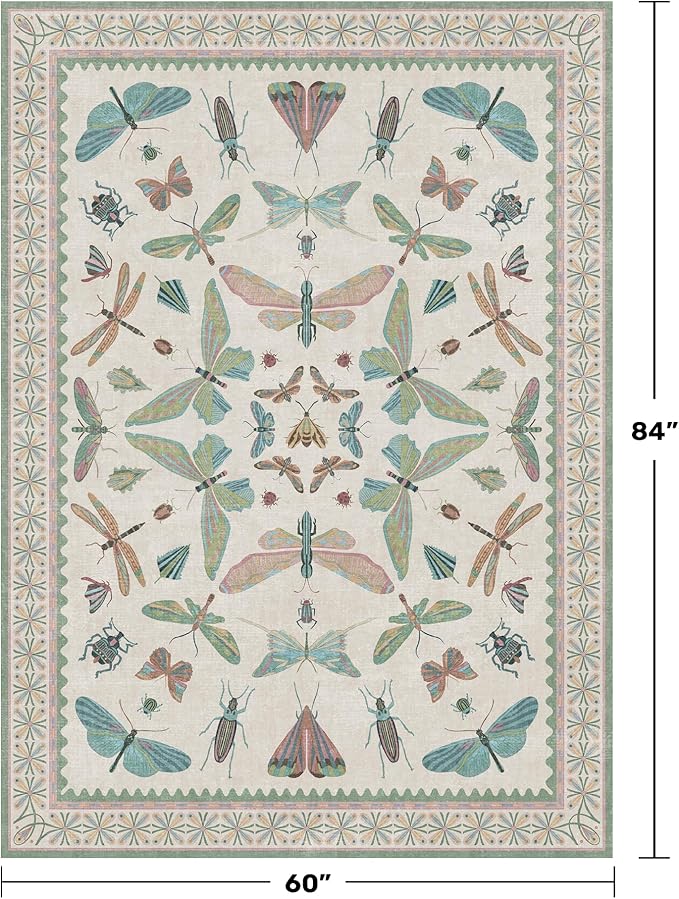 5x7 Pink and Green Nursery Rug - Colorful Rug for Playroom, Bedroom, Living Room, Insect Butterfly Floral Non-Slip Soft Carpet