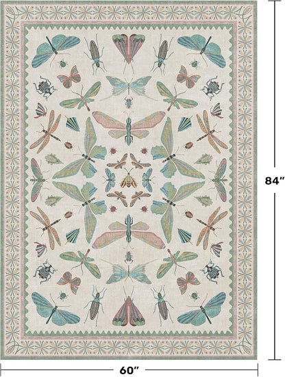 5x7 Pink and Green Nursery Rug - Colorful Rug for Playroom, Bedroom, Living Room, Insect Butterfly Floral Non-Slip Soft Carpet