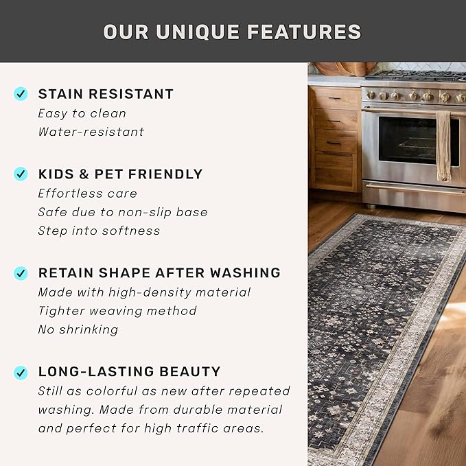 Hazo Haus Black Boho Washable 3x20 Extra Long Runner Rug for Hallway, Waterproof Large Kitchen Floor Rug, Non-Slip Stain & Fade Resistant, Vintage Floral Decor