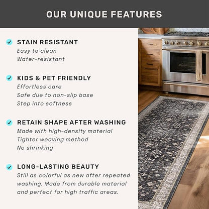 Hazo Haus Black Boho Washable 3x10 Extra Long Hallway Runner Rug, Waterproof Large Kitchen Floor Rug Indoor, Non-Slip Stain & Fade Resistant, Vintage Floral Decor