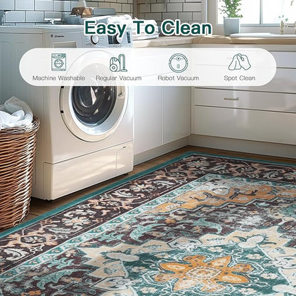 Lofus 5x7 Area Rugs for Living Room, Washable Area Rug, Rugs for Bedroom, Kitchen, Vintage Boho Carpet, Soft Non-Slip, Low Pile Large Area Rug for Office Dining Room, Floral Green