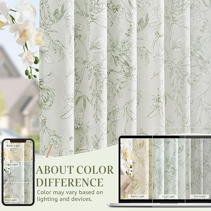 jinchan Floral Curtains 90 Inch Length Sage Green Flower Linen Farmhouse Curtain for Living Room French Country Vintage Curtain Rod Pocket Curtains Set 2 Panels Floral Printed