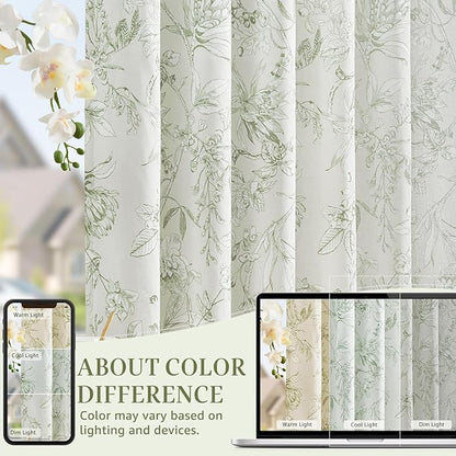 jinchan Floral Curtains 96 Inches Long Sage Green Flower Linen Farmhouse Curtain for Living Room French Country Vintage Curtain Rod Pocket Curtains Set 2 Panels Floral Printed