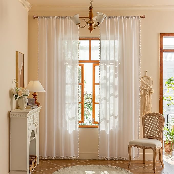 MYSKY HOME 72 Inches Long Semi Boho Sheer White Door Curtains for Closet Doorways,Light Filtering Back Tab Macrame Privacy Protect Farmhouse Drapes for Dining Room, 50" x 72",Pure White, 2 Panels