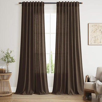 Nanspring Chocolate Linen Blend Light Filtering Back Tab Curtains 96 Inches Long, Semi Sheer Privacy Drapes for Living Room & Bedroom, 52x96 inch, 2 Panels